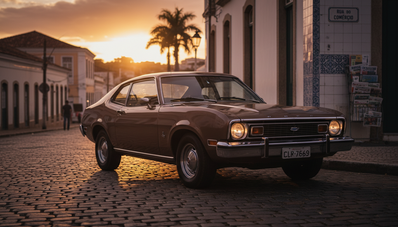 Ford Maverick SL 1980 clássico estacionado em rua histórica ao pôr do sol