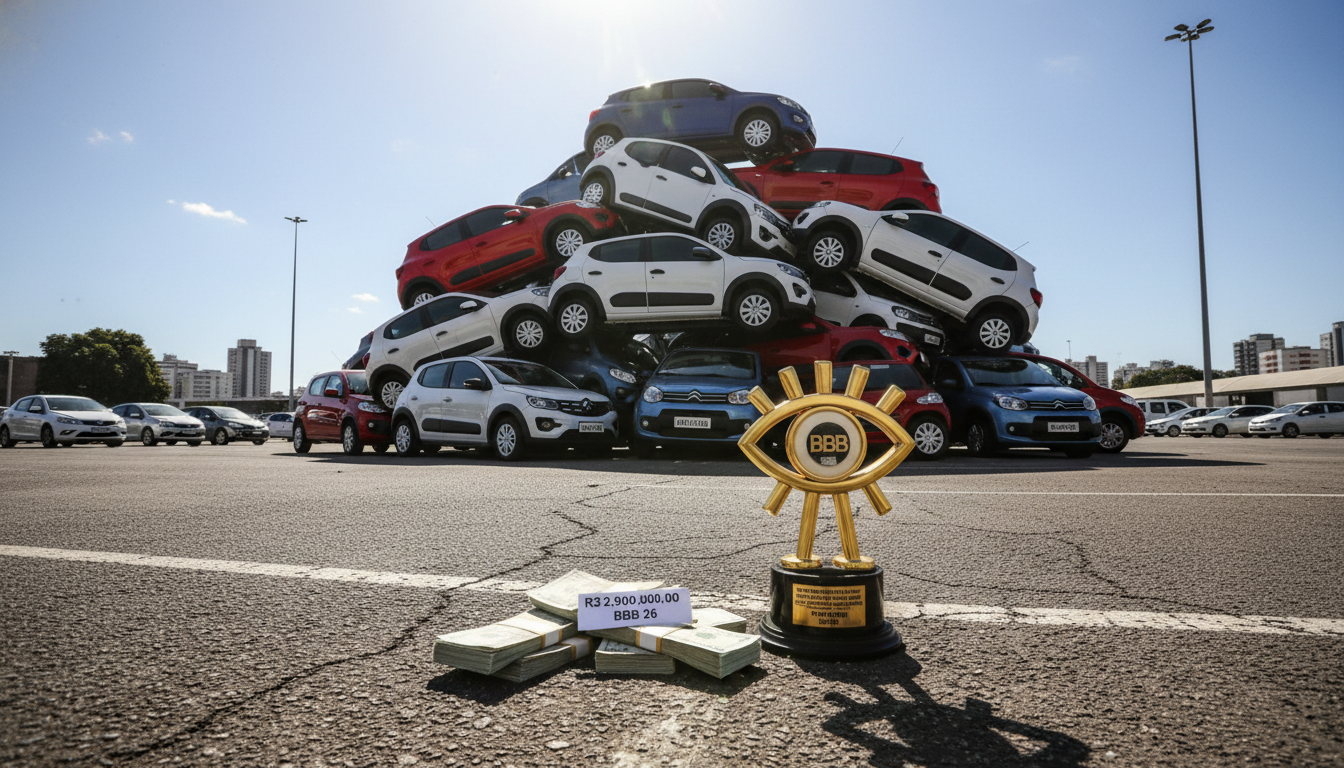 Carros populares empilhados com dinheiro e troféu do BBB 26