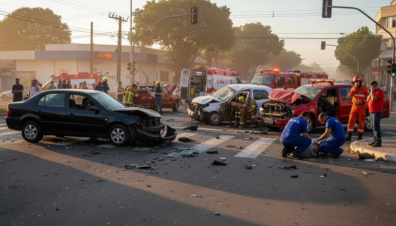 Cena de acidente grave em avenida de Ponta Grossa com carros batidos e atropelamento.