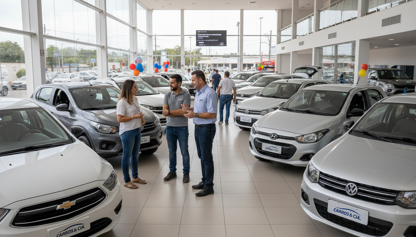 Concessionária de carros no Brasil com modelos populares e comerciais leves em exposição.