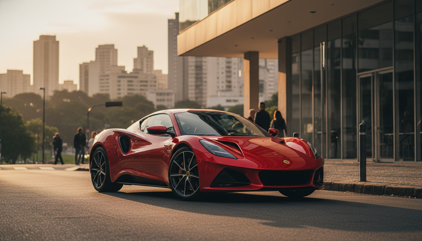 Lotus Emira vermelho em frente a prédio moderno em São Paulo.
