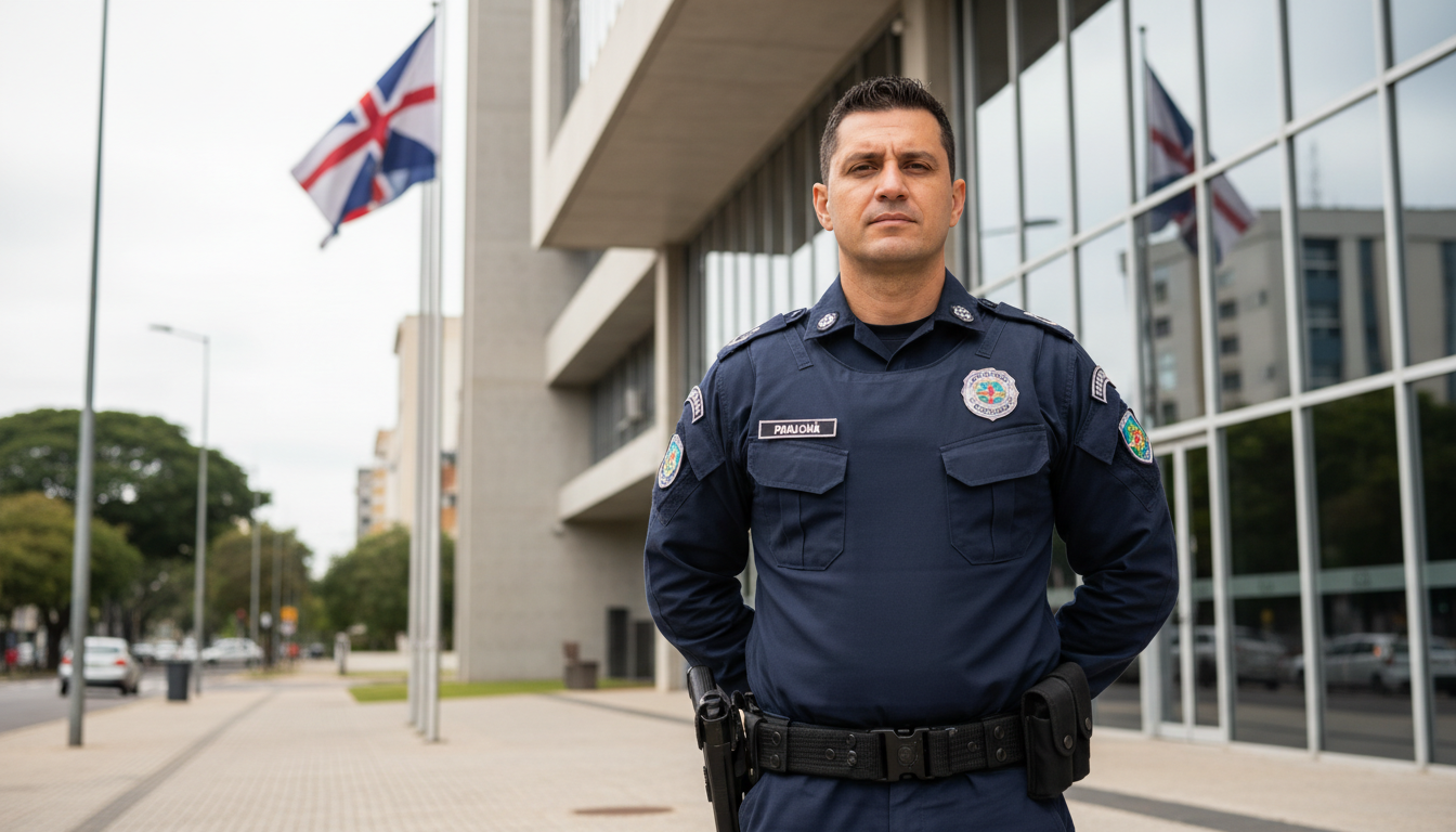 Oficial de polícia do Paraná em frente a prédio governamental