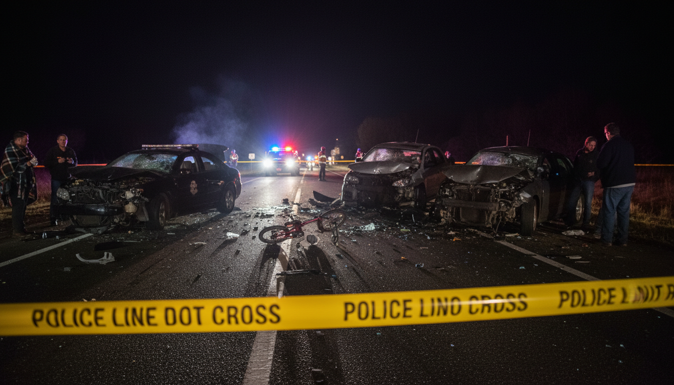Cena de acidente de trânsito com três carros e bicicleta na RS-239 em Parobé