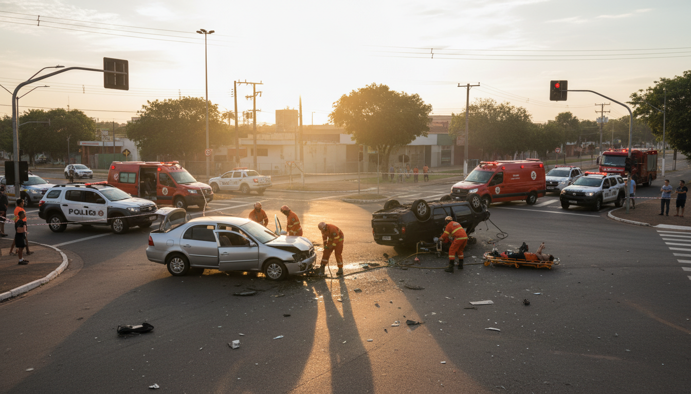 Cena de acidente de trânsito com carros batidos em cruzamento de avenidas em Sorriso, MT.