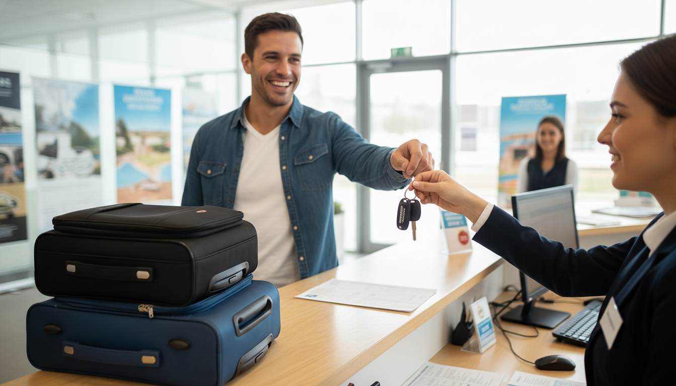 Homem recebendo chaves de carro alugado em balcão de locadora com malas ao lado.