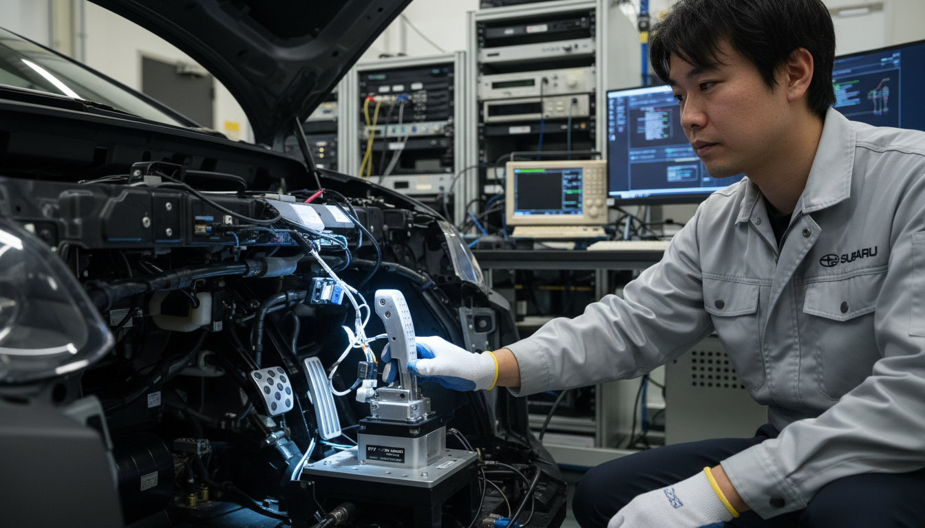Engenheiro da Subaru demonstrando pedal de embreagem em carro elétrico.