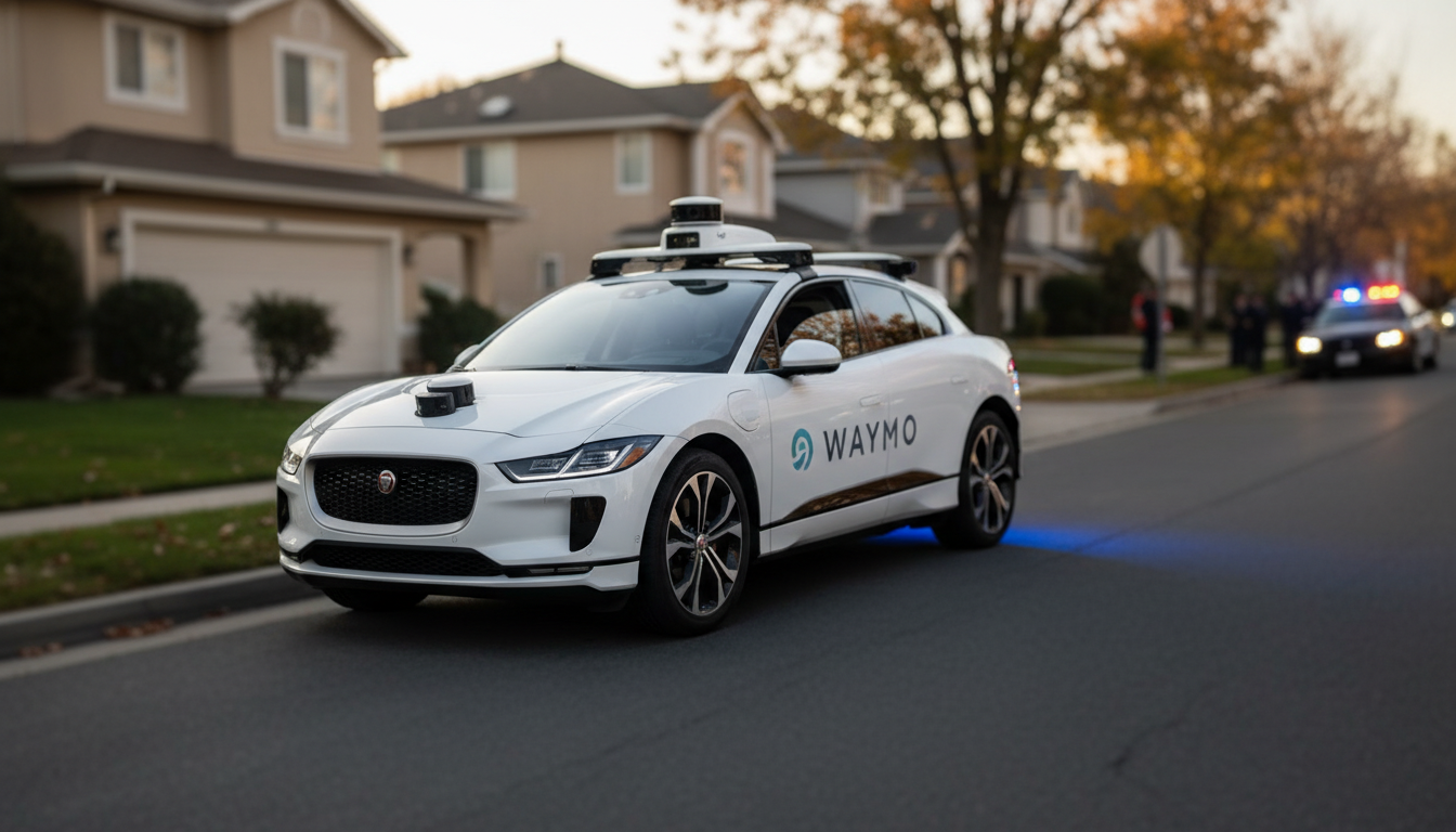 Táxi-robô da Waymo parado em rua, sob investigação após atropelamento.