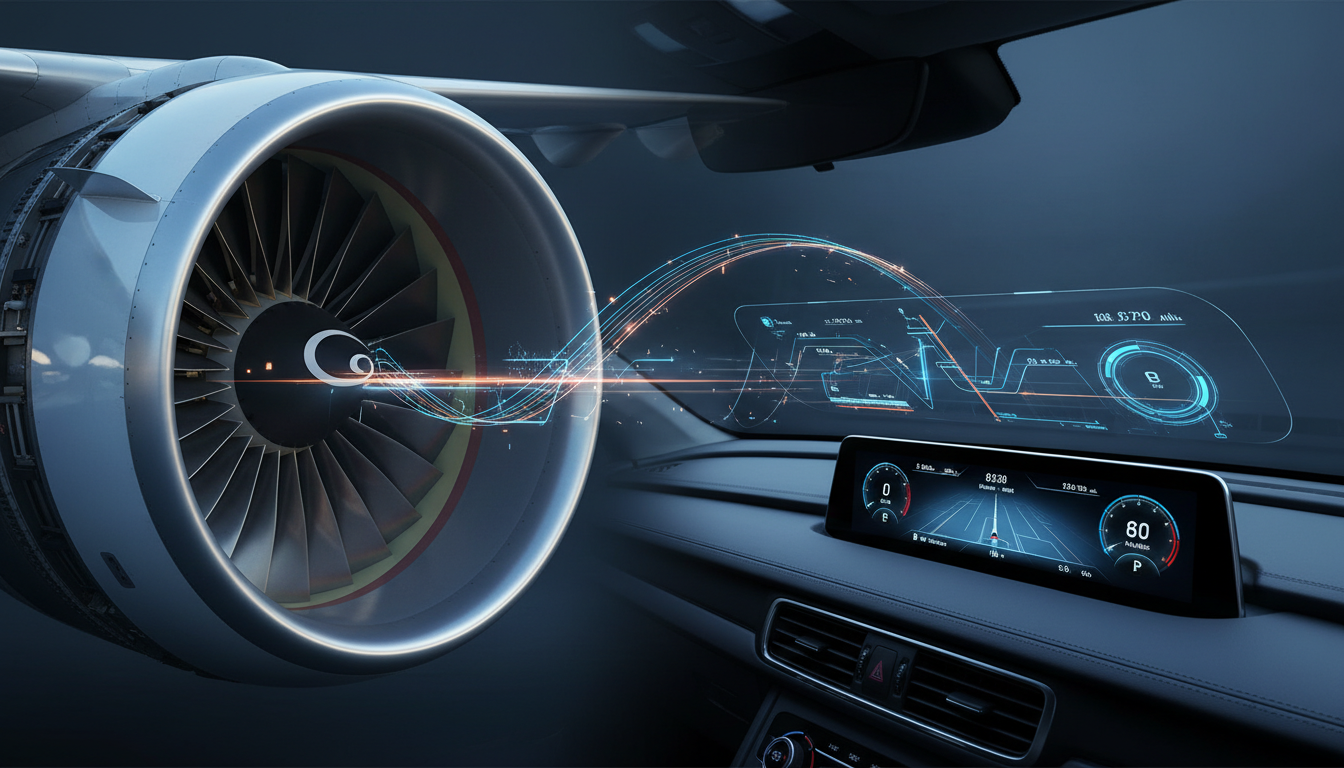 Montagem conceitual de tecnologias automotivas inspiradas na aviação, com elementos de motor de avião e head-up display de carro.