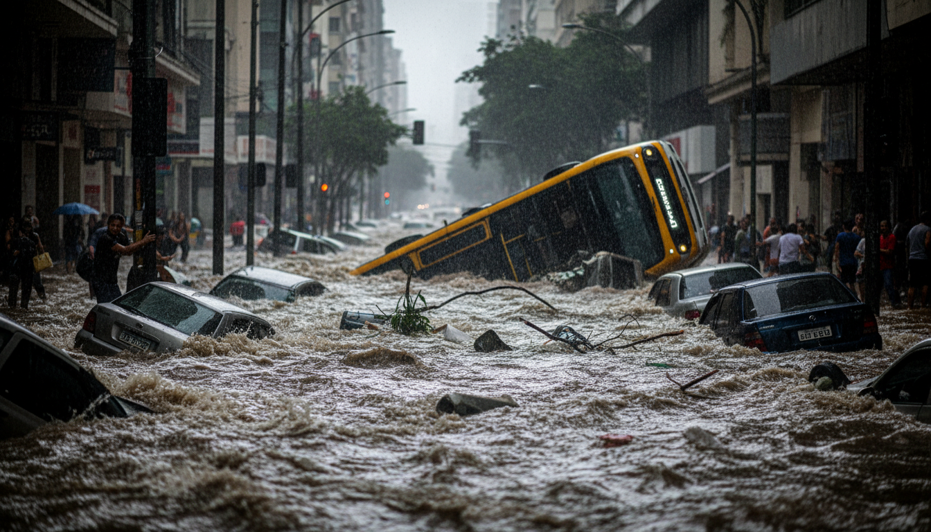 Carros sendo arrastados por enxurrada forte em São Paulo durante temporal.