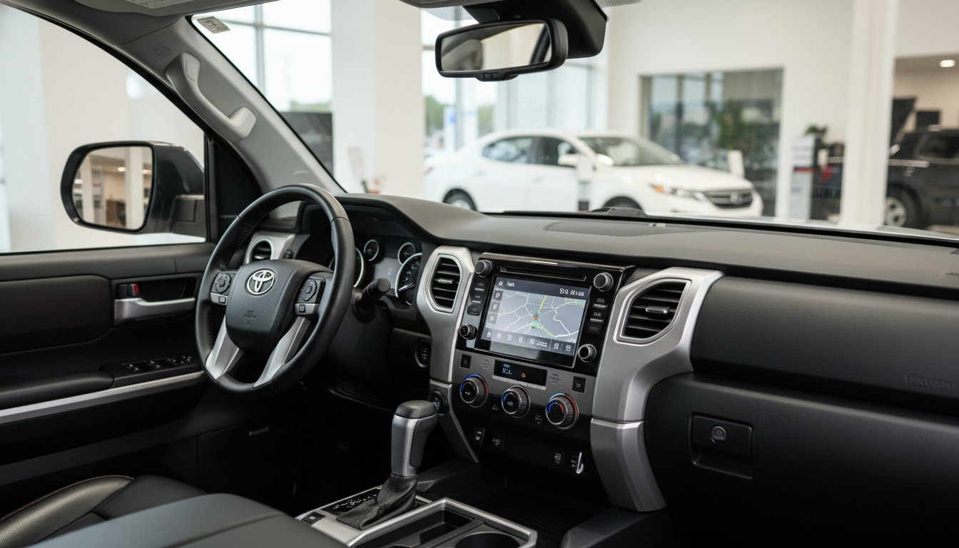 Toyota Tundra Hybrid 2024 em uma concessionária com foco na tela multimídia.