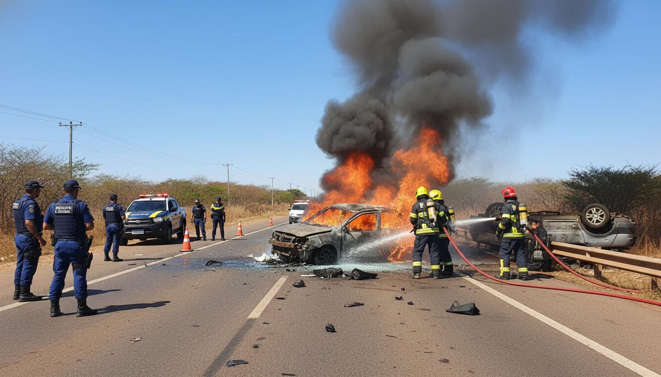 Veículos destruídos após batida na BR-407, Piauí, com equipes de resgate no local.