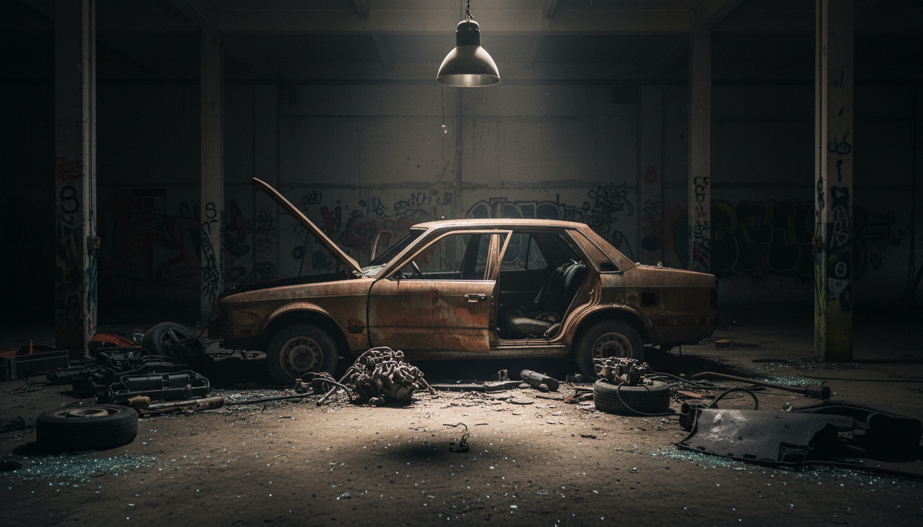 Carro desmanchado em local abandonado, evidenciando crime contra seguro.