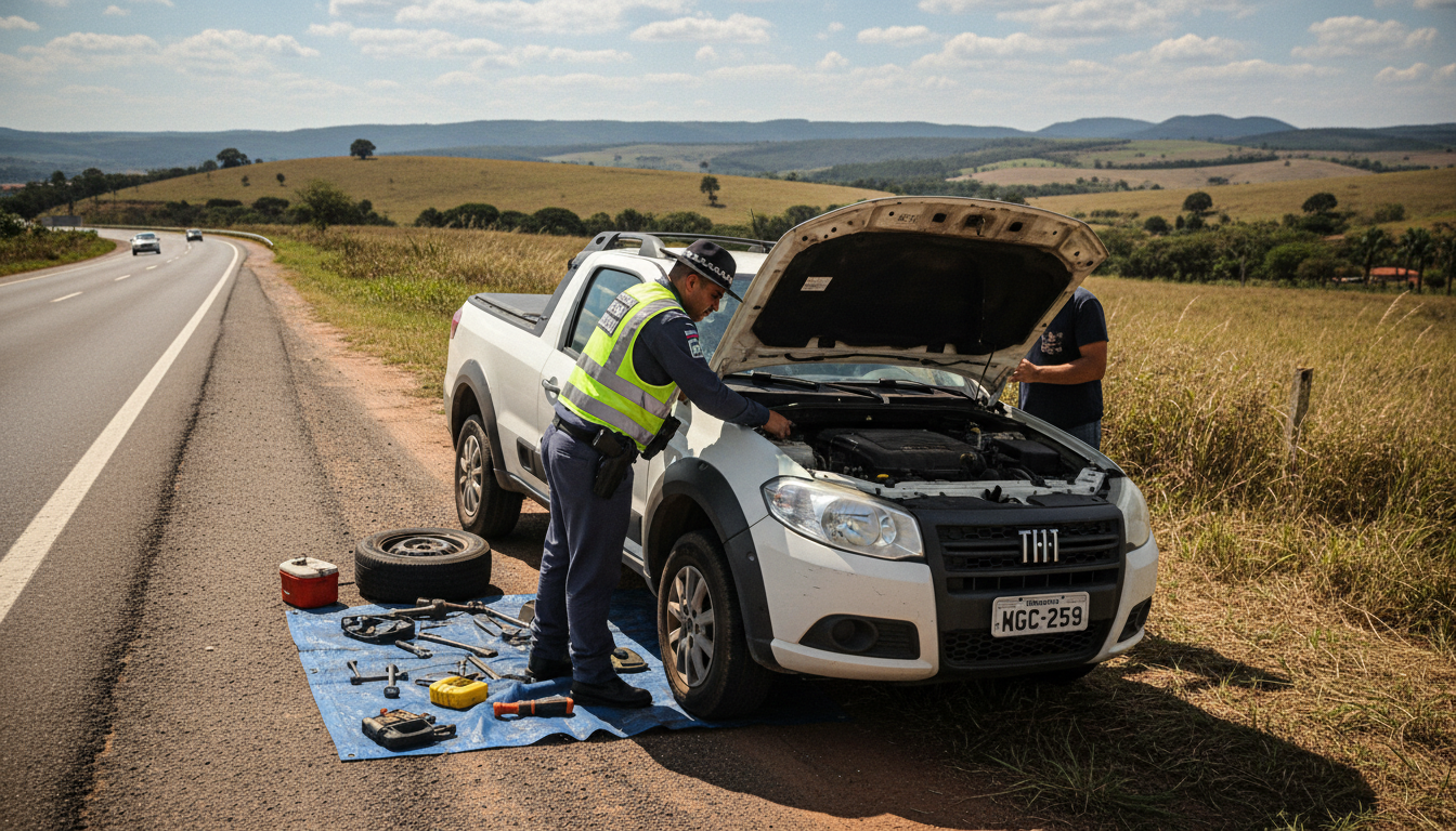 Policial militar inspeciona Fiat Strada recuperado em rodovia de Minas Gerais.