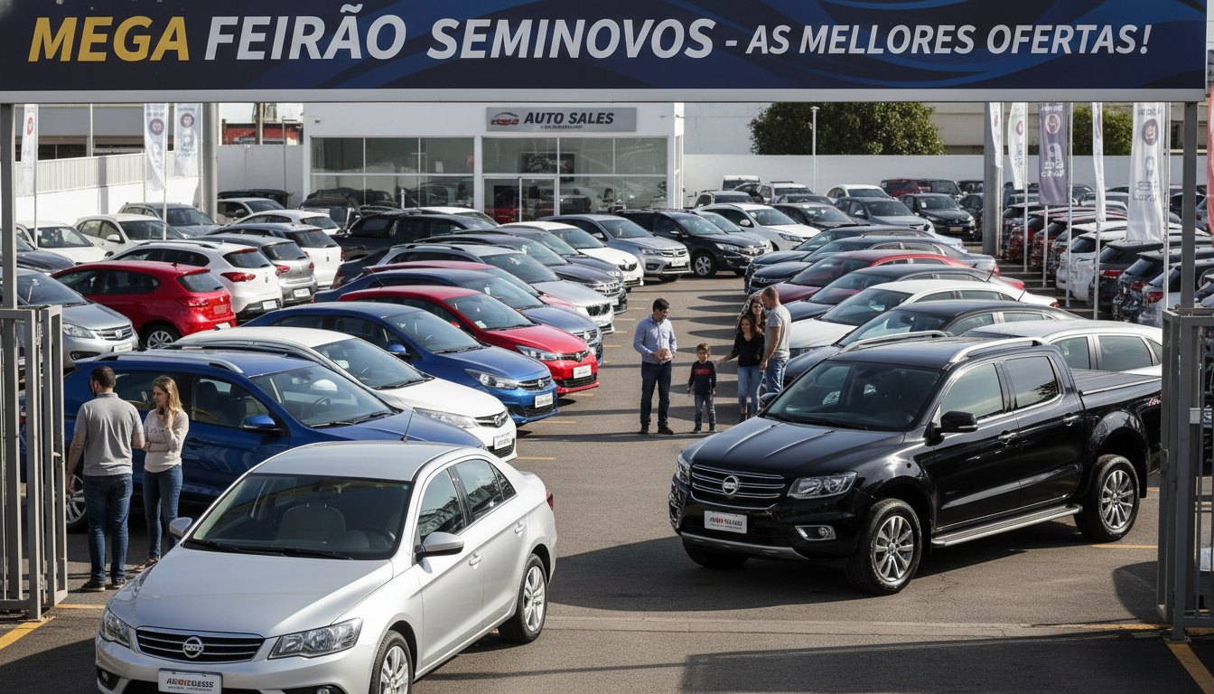 Pátio de revenda de carros usados com diversos veículos em exposição