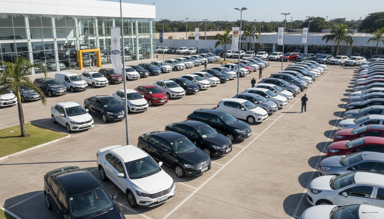 Pátio de concessionária com diversos veículos novos à venda.