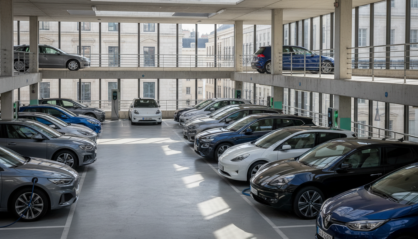 Estacionamento europeu com predominância de veículos elétricos