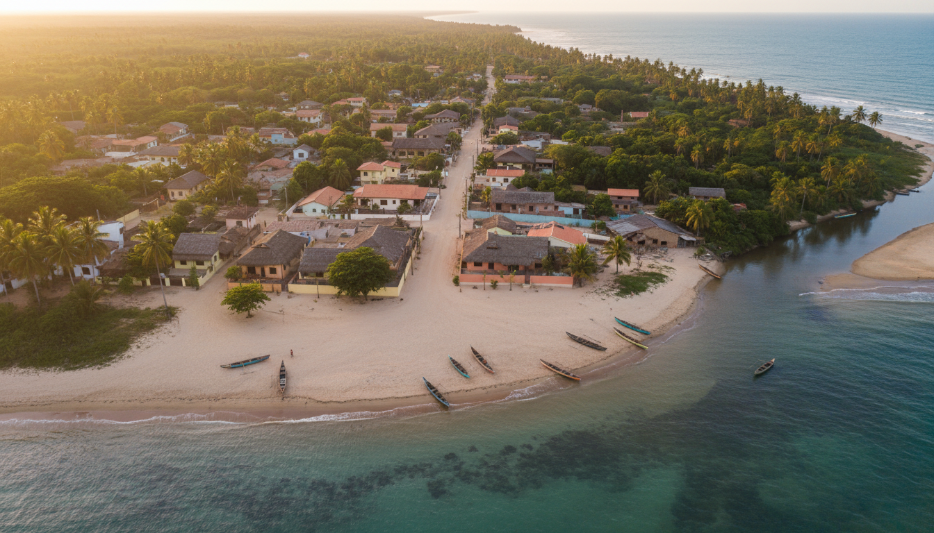 Vilarejo de Caraíva na Bahia, com ruas de areia e encontro do rio com o mar.