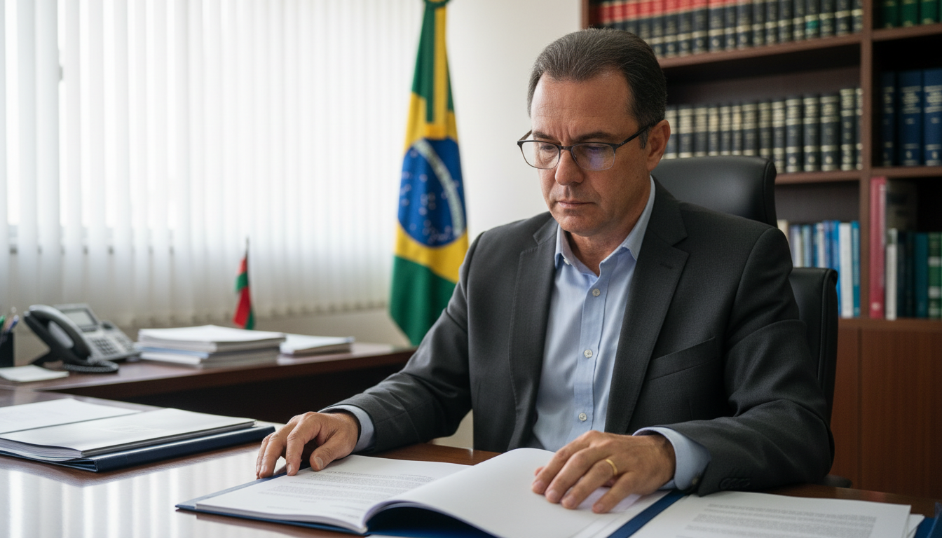 Deputado Fausto Pinato analisa projeto de lei sobre vistoria veicular em seu gabinete.