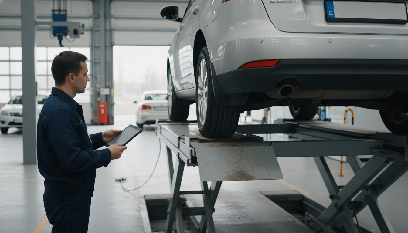 Inspetor realiza vistoria em carro de cinco anos em posto credenciado.