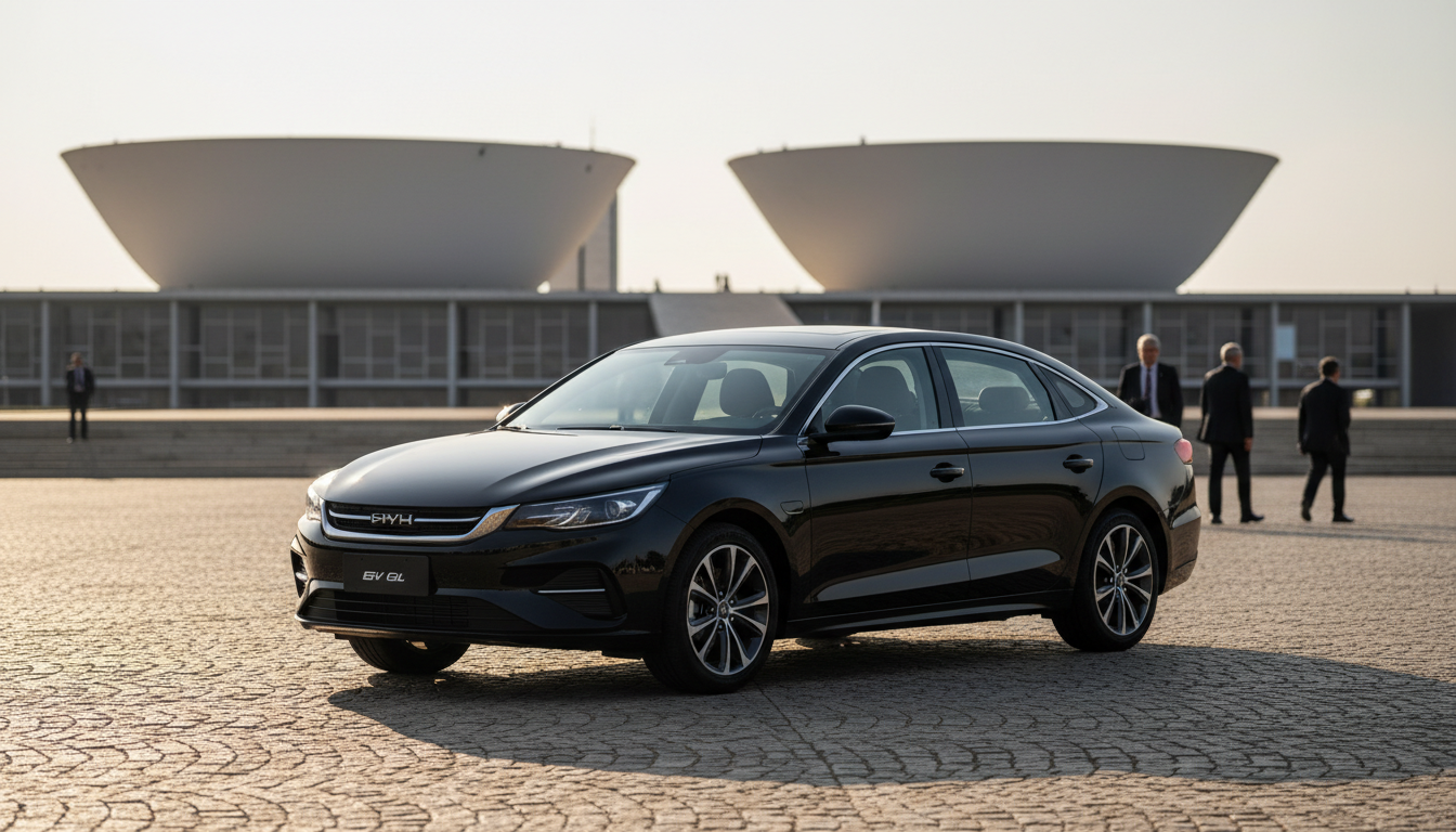 Carro elétrico BYD King GL estacionado em frente ao Congresso Nacional