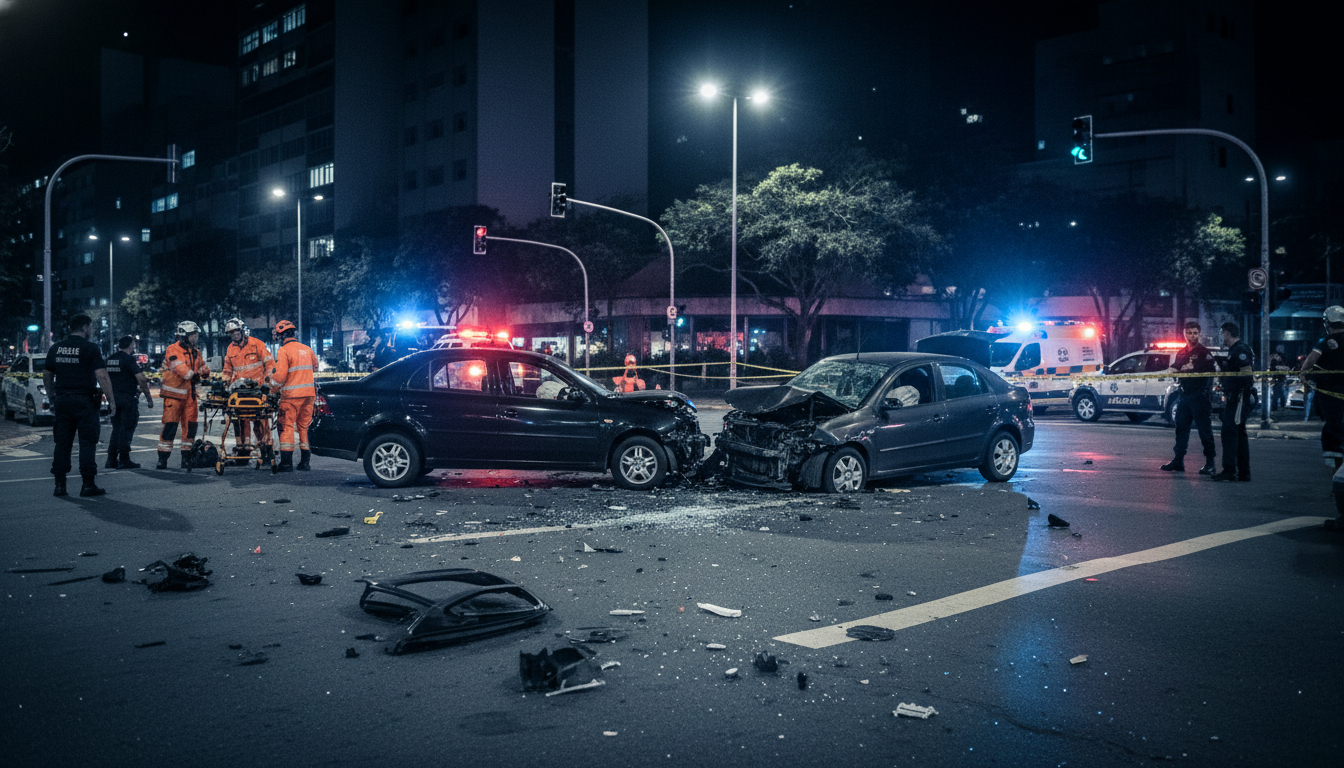 Cena de acidente de trânsito com dois carros colididos em um cruzamento de rua em Porto Alegre durante a noite, com equipes de emergência no local.