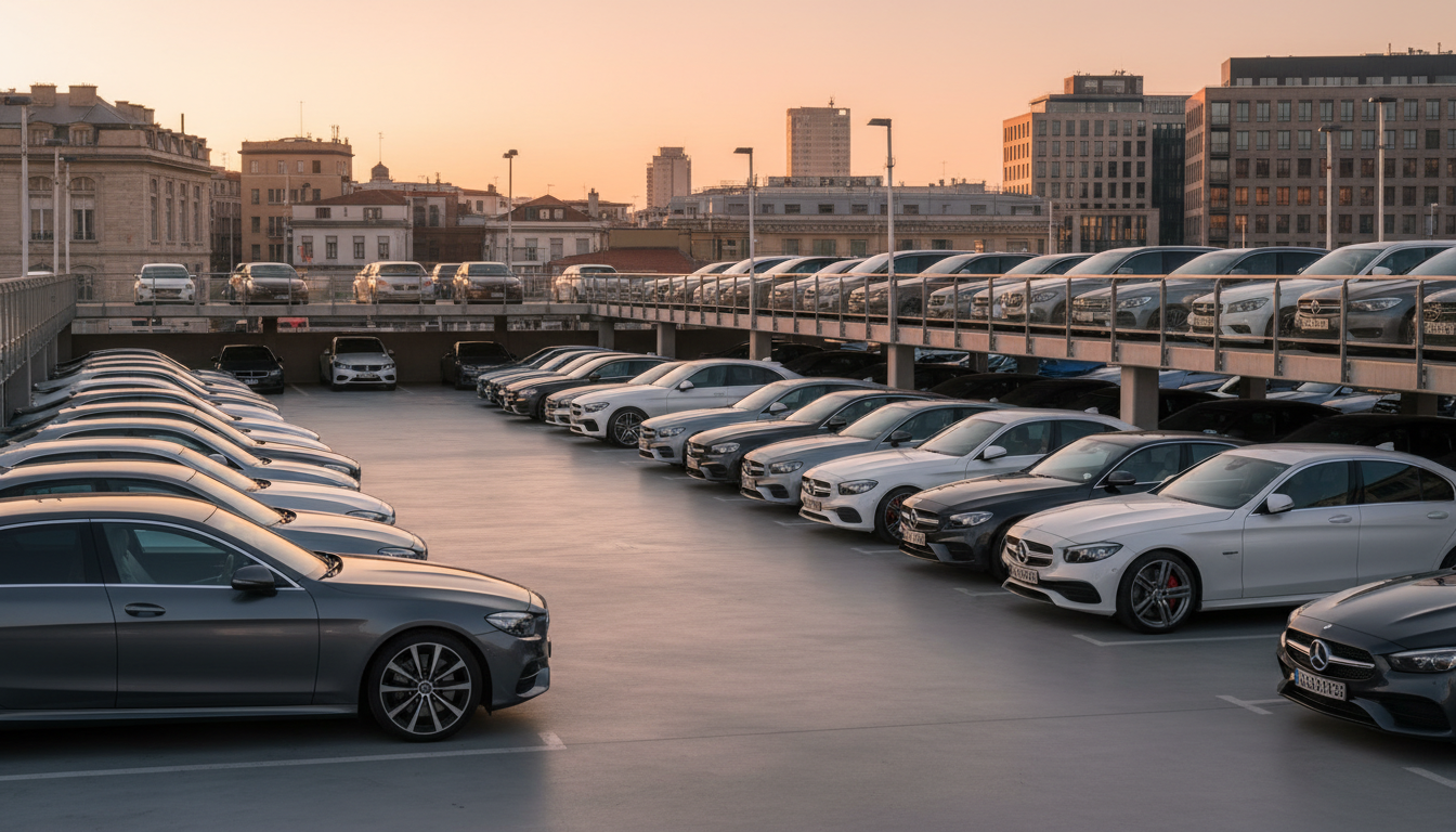 Estacionamento com carros de diversas tonalidades de cinza, branco e preto sob a luz do entardecer em uma cidade europeia.