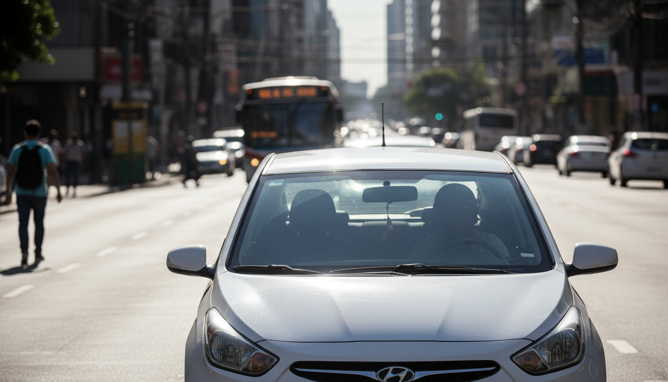 Hyundai HB20 em uma rua de São Paulo, simulando o cenário de carros mais roubados.