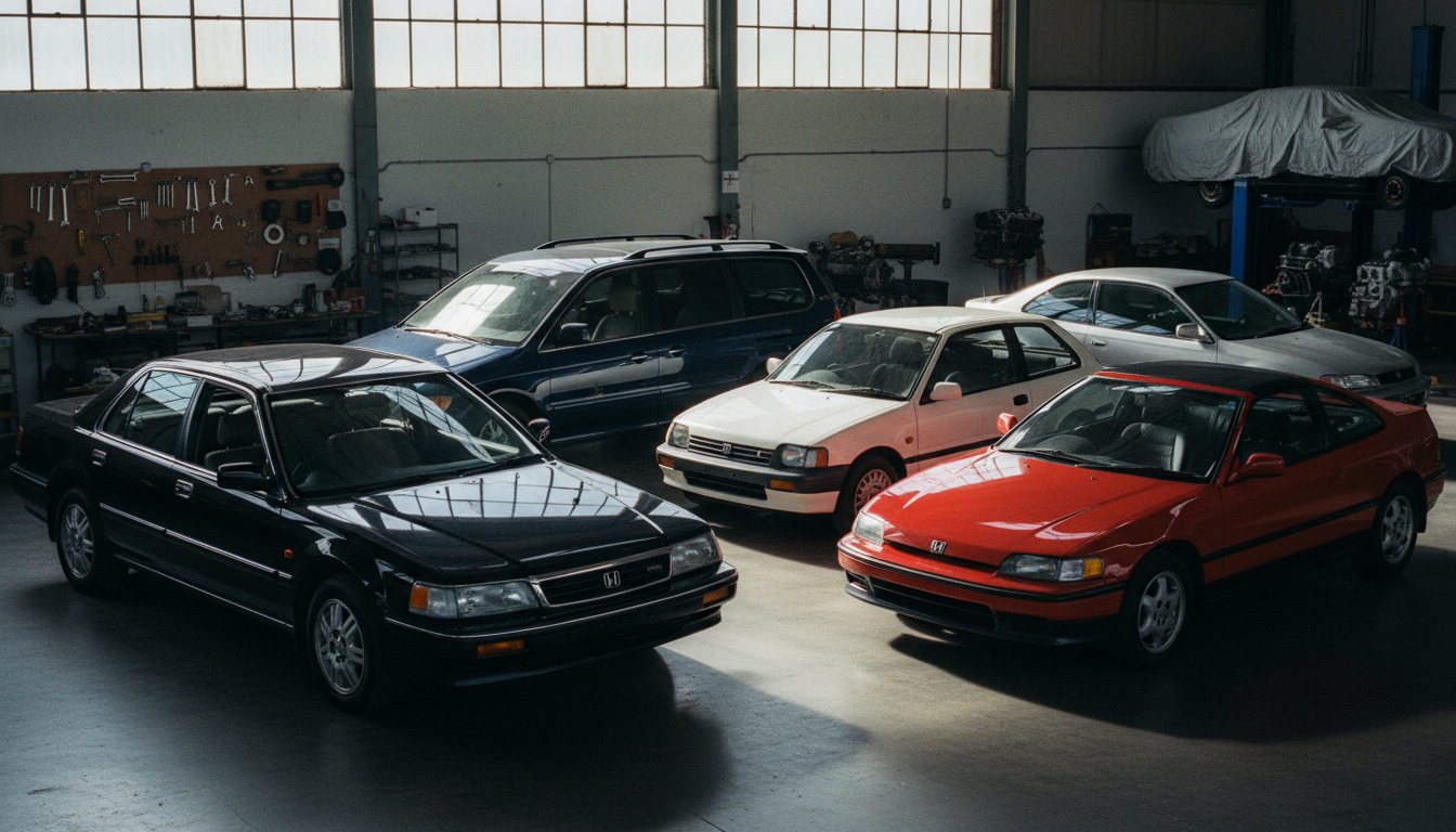 Coleção de cinco modelos raros da Honda expostos em galpão de restauração.