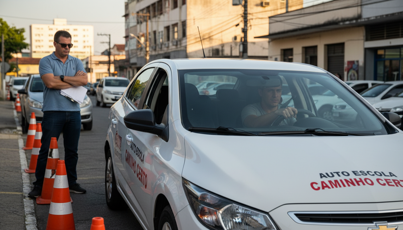Candidato à CNH realiza prova prática de baliza em autoescola brasileira