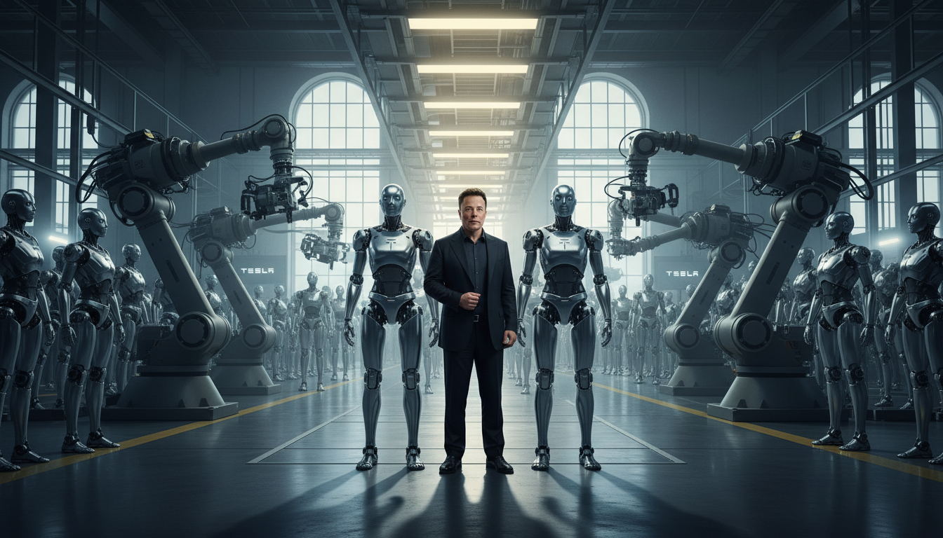 Elon Musk inspeciona robôs humanoides Optimus em linha de produção da Tesla